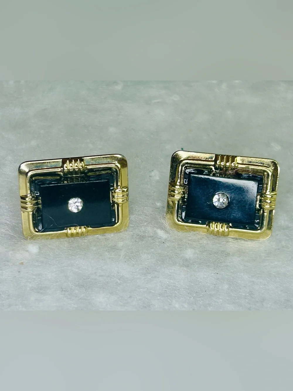 Vintage Gold Tone Black Acrylic Cufflink & Tie Bar Set (c. 1965–1975)